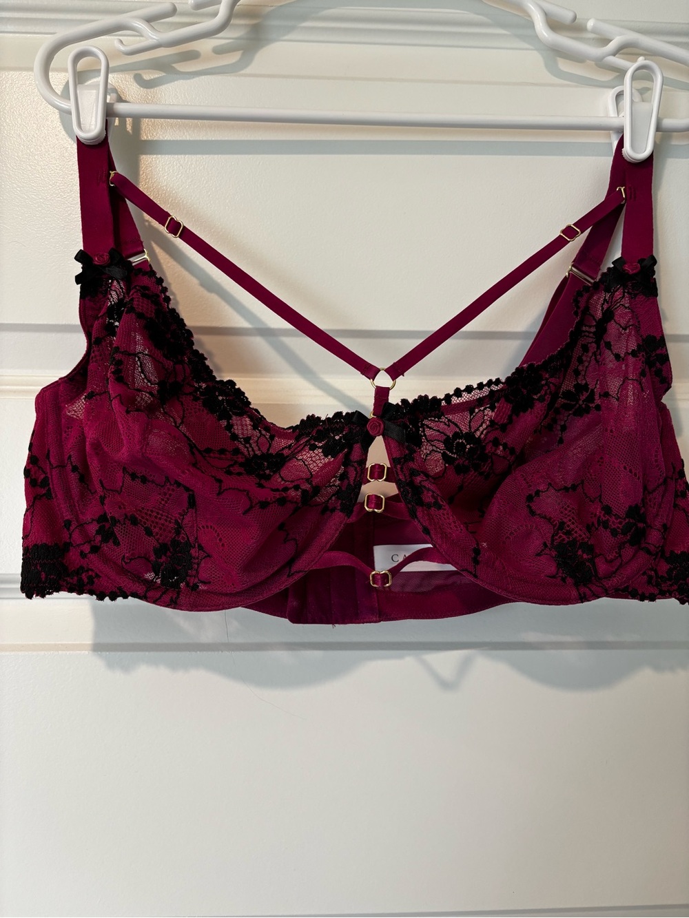 Cacique Burgundy Lace Balconette Bra with Black Floral Overlay